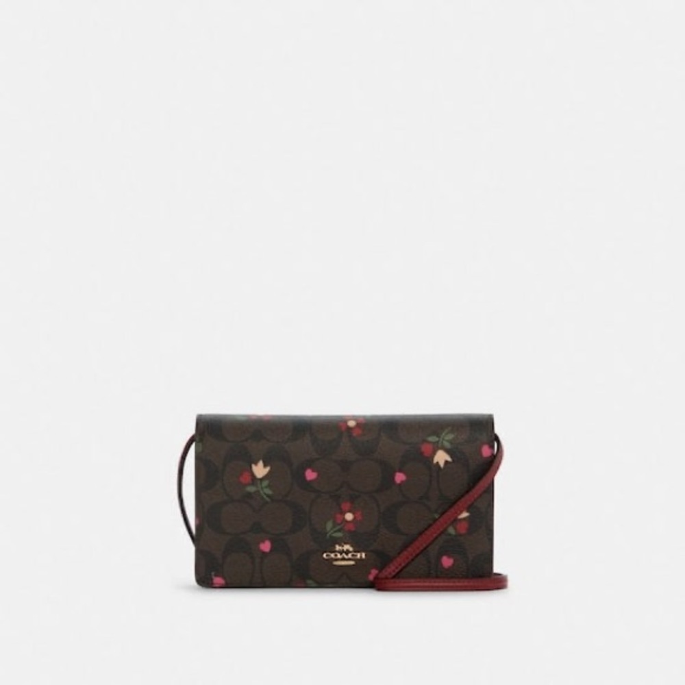 Coach Anna Foldover Clutch Crossbody In Signature Canvas W/Heart Petal Print